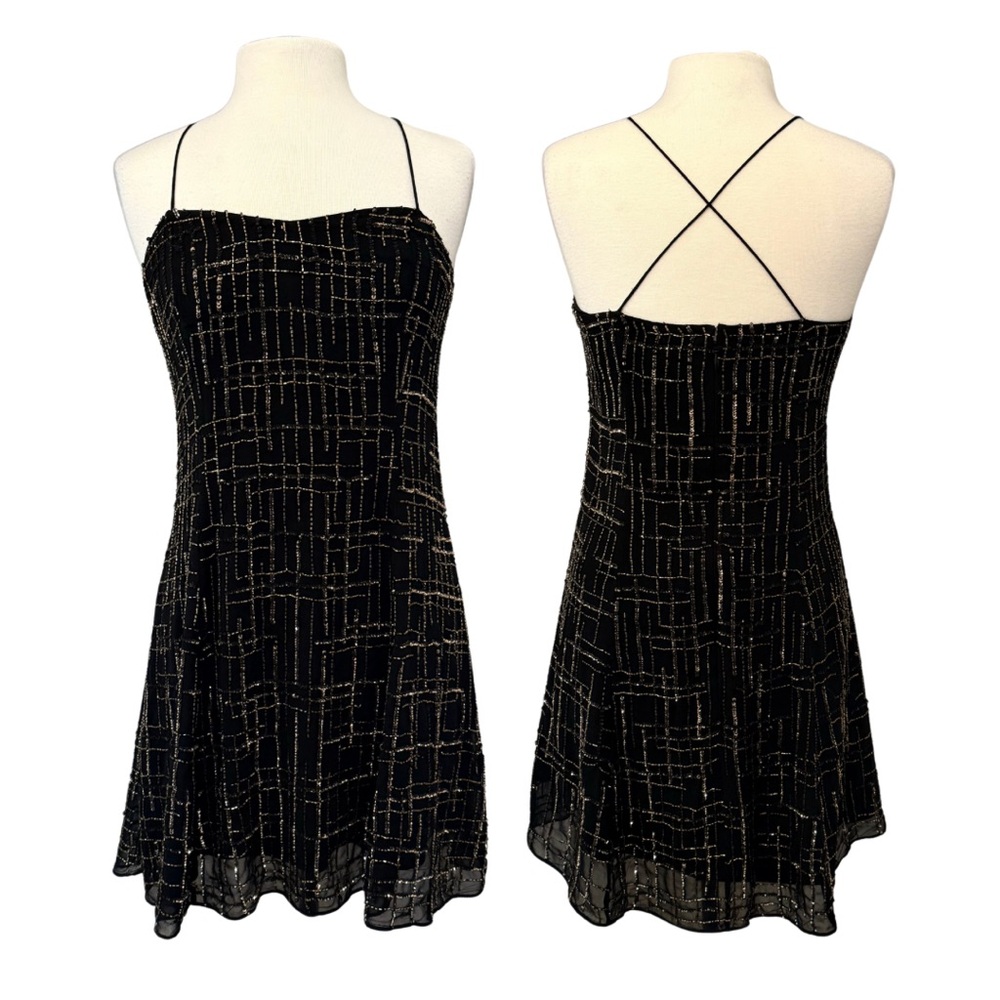 Chelsea & Violet Dress Sz M Beaded SequinGold Black Mini Strappy Party Holiday
